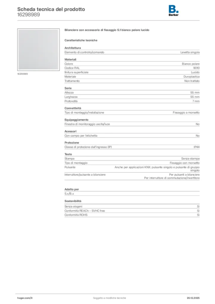 Immagine Berker Scheda tecnica del prodotto 16298989 | Hager Italia