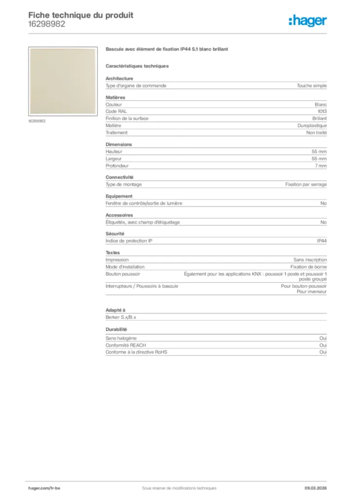 Image Hager Fiche technique du produit 16298982 | Hager Belgique