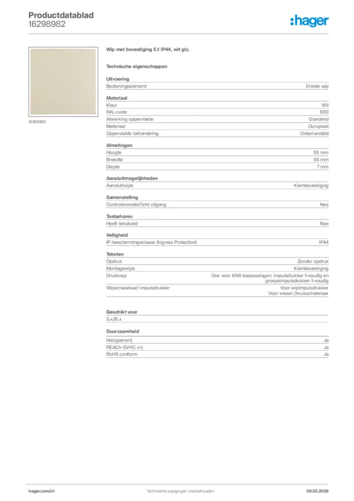 Afbeelding Hager Productdatablad 16298982 | Hager Nederland
