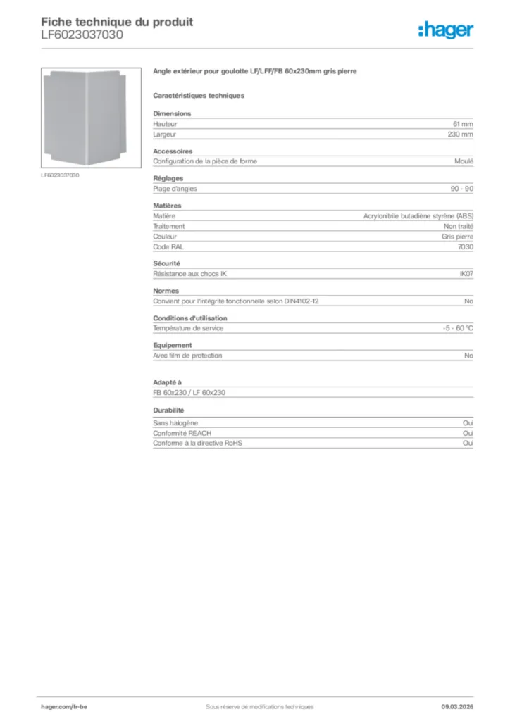 Image Hager Fiche technique du produit LF6023037030 | Hager Belgique