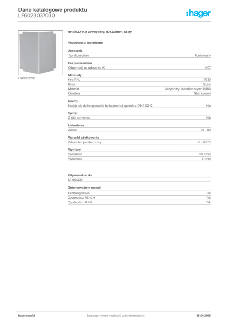 Zdjęcie Hager Karta katalogowa LF6023037030 | Hager Polska