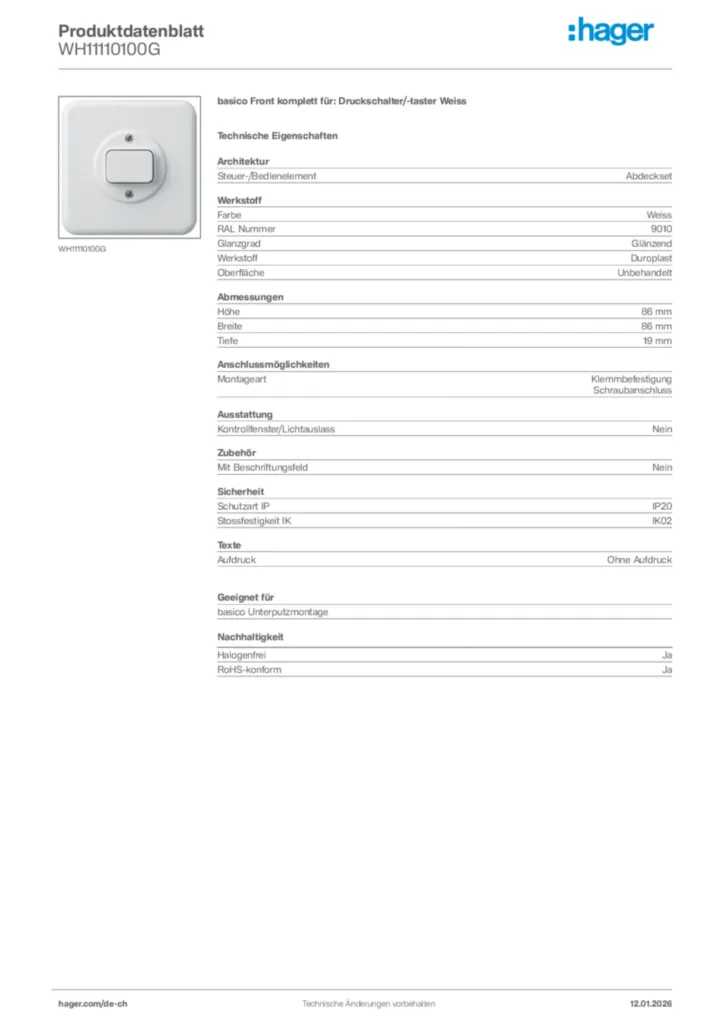 Bild Hager Produktdatenblatt WH11110100G | Hager Schweiz