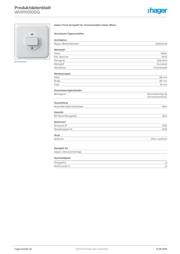 Bild Hager Produktdatenblatt WH11110100G | Hager Schweiz