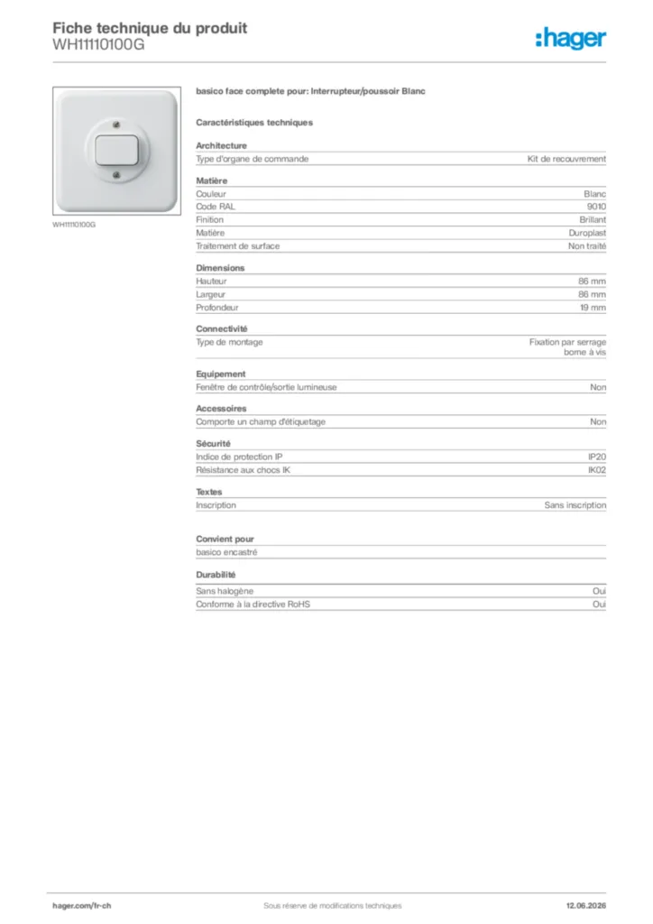 Image Hager Fiche technique du produit WH11110100G | Hager Suisse