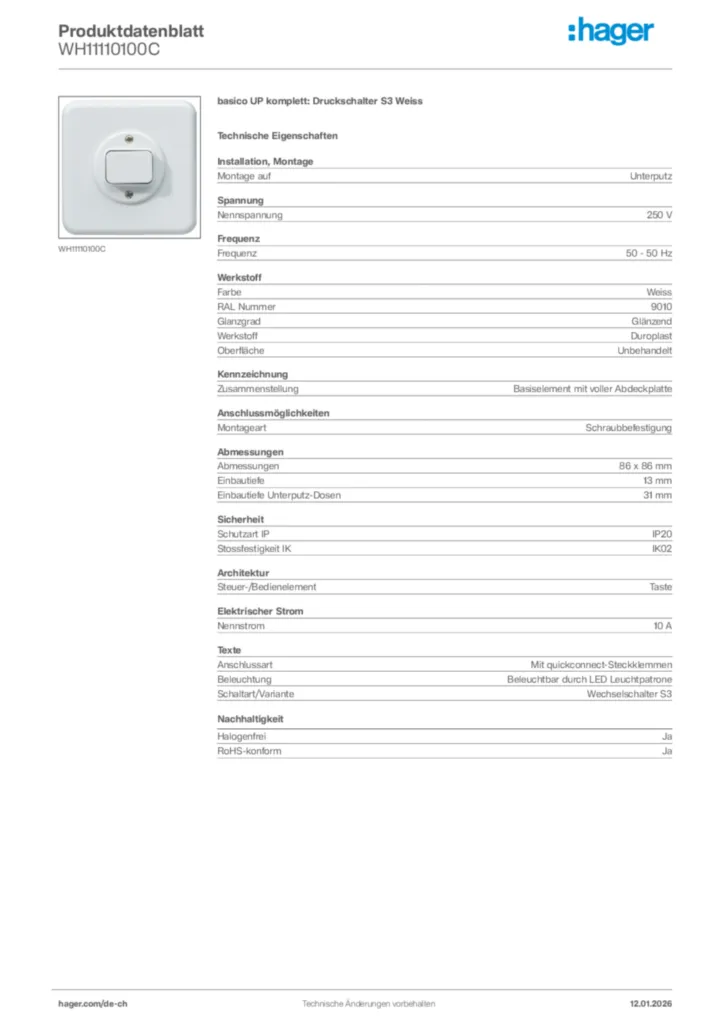 Bild Hager Produktdatenblatt WH11110100C | Hager Schweiz