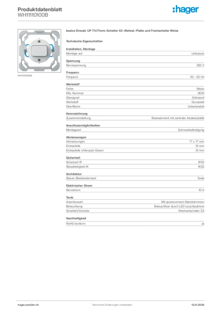 Bild Hager Produktdatenblatt WH11110100B | Hager Schweiz