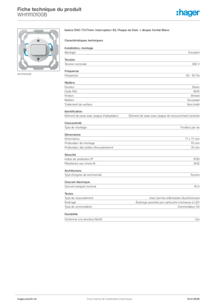 Image Hager Fiche technique du produit WH11110100B | Hager Suisse