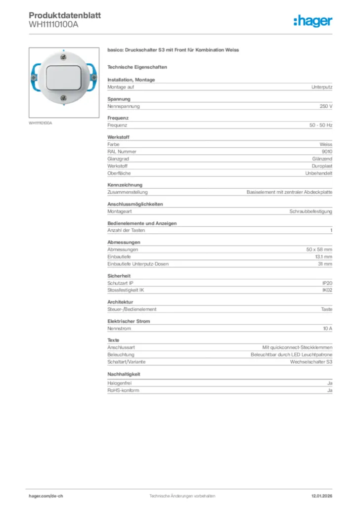 Bild Hager Produktdatenblatt WH11110100A | Hager Schweiz