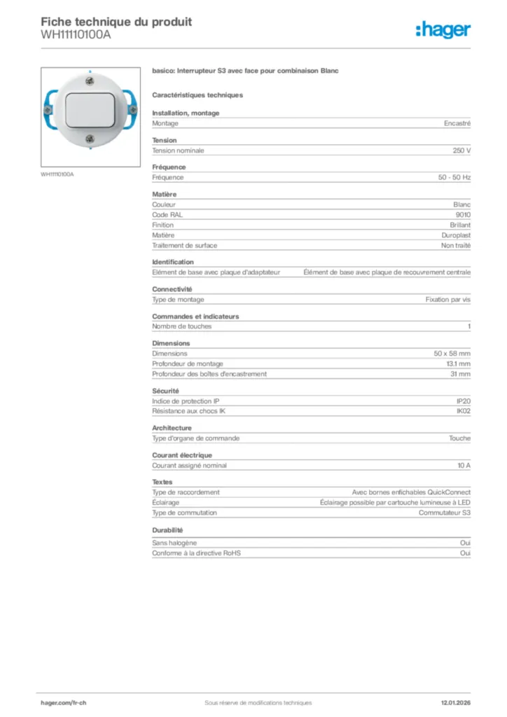 Image Hager Fiche technique du produit WH11110100A | Hager Suisse