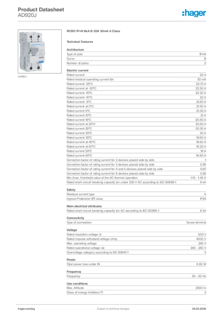 Image Hager Product data sheet AD920J  | Hager
