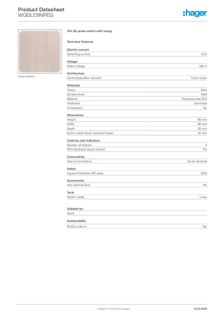 Image Hager Product data sheet WGDL131NPEG  | Hager Africa
