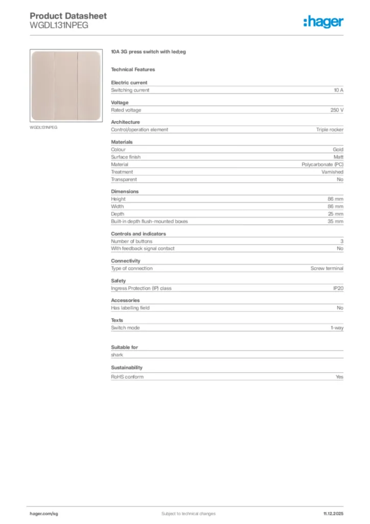 Image Hager Product data sheet WGDL131NPEG  | Hager