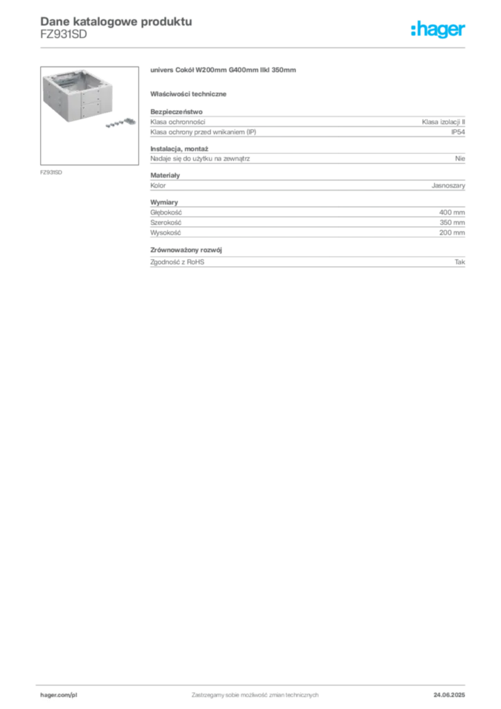 Zdjęcie Hager Karta katalogowa FZ931SD | Hager Polska