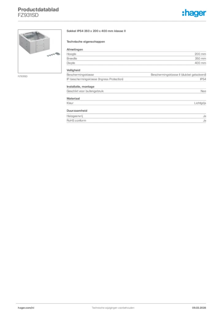 Afbeelding Hager Productdatablad FZ931SD | Hager Nederland