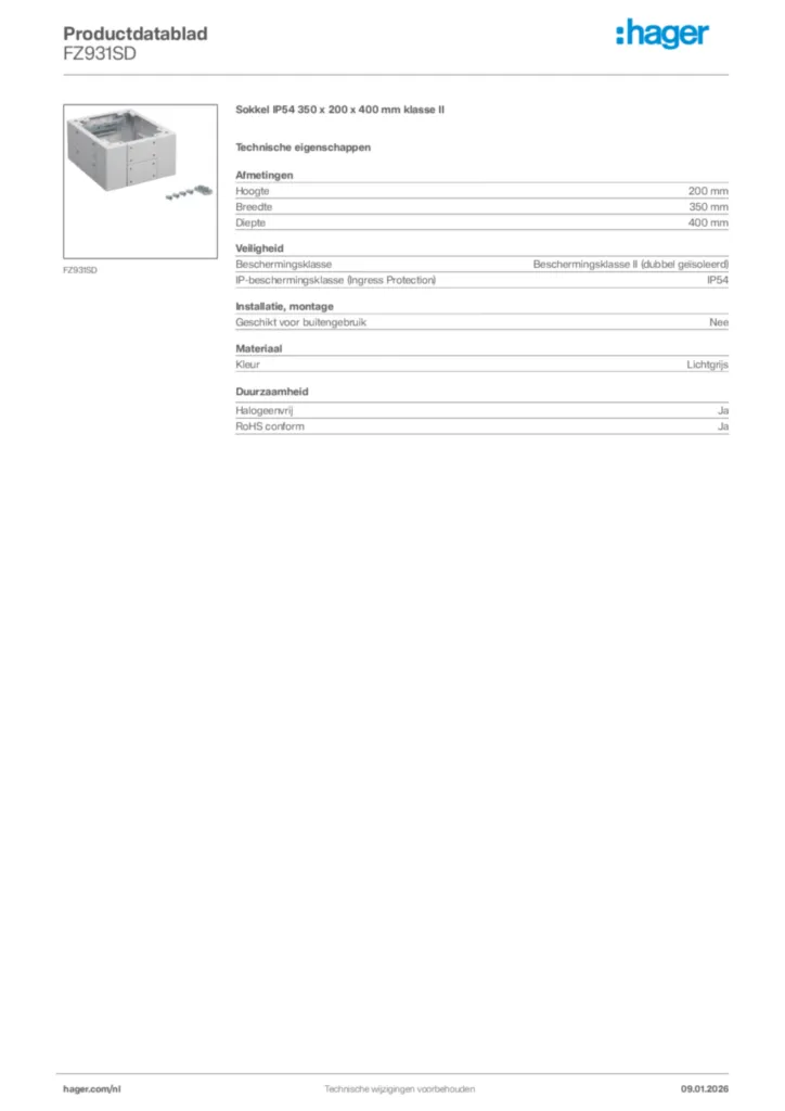 Afbeelding Hager Productdatablad FZ931SD | Hager Nederland