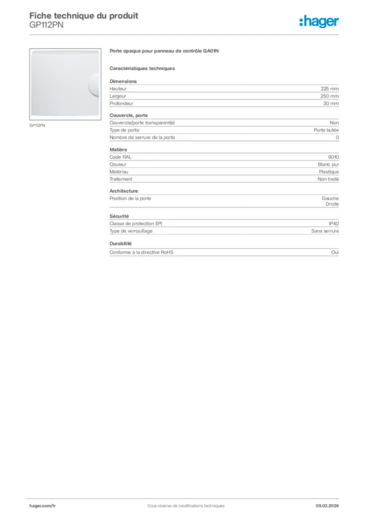 Image Hager Fiche technique du produit GP112PN | Hager France