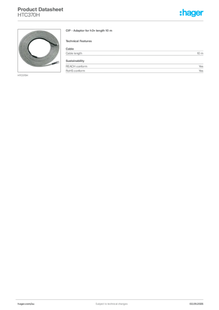 Image Hager Product data sheet HTC370H  | Hager Australia
