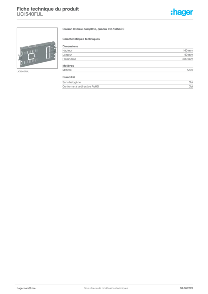 Image Hager Fiche technique du produit UC1540FUL | Hager Belgique