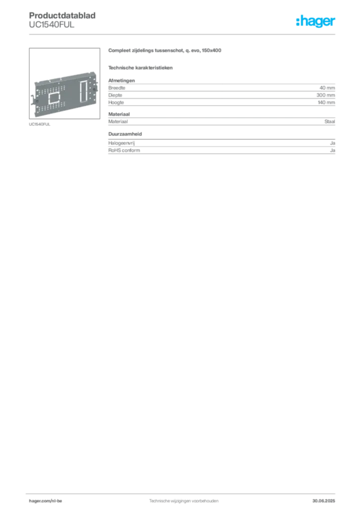 Afbeelding Hager Productdatablad UC1540FUL | Hager Belgium