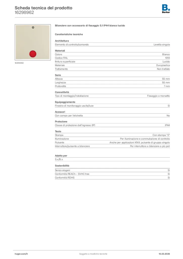 Immagine Berker Scheda tecnica del prodotto 16298962 | Hager Italia