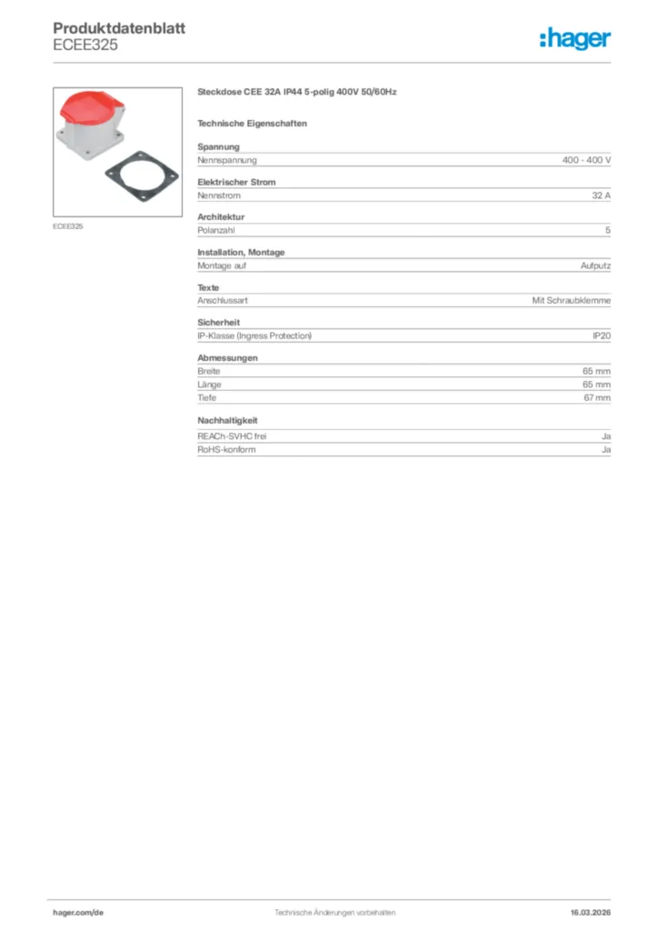 Bild Hager Produktdatenblatt ECEE325 | Hager Deutschland