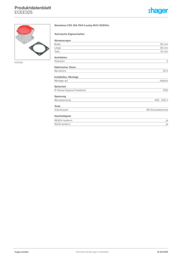 Bild Hager Produktdatenblatt ECEE325 | Hager Deutschland