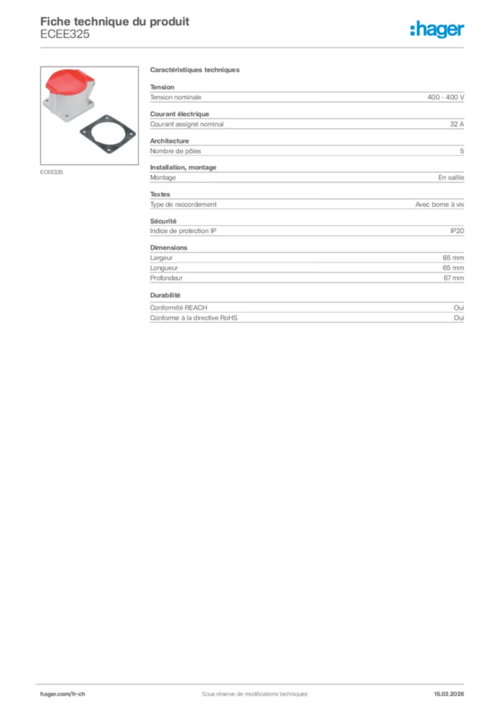 Image Hager Fiche technique du produit ECEE325 | Hager Suisse