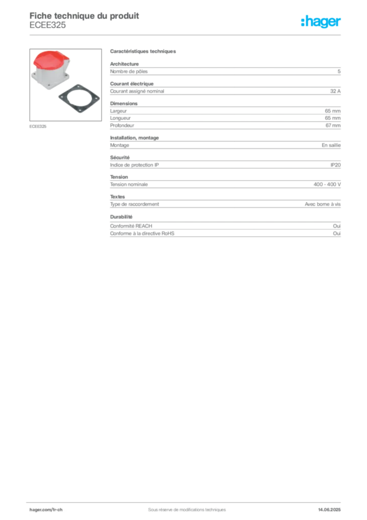 Image Hager Fiche technique du produit ECEE325 | Hager Suisse