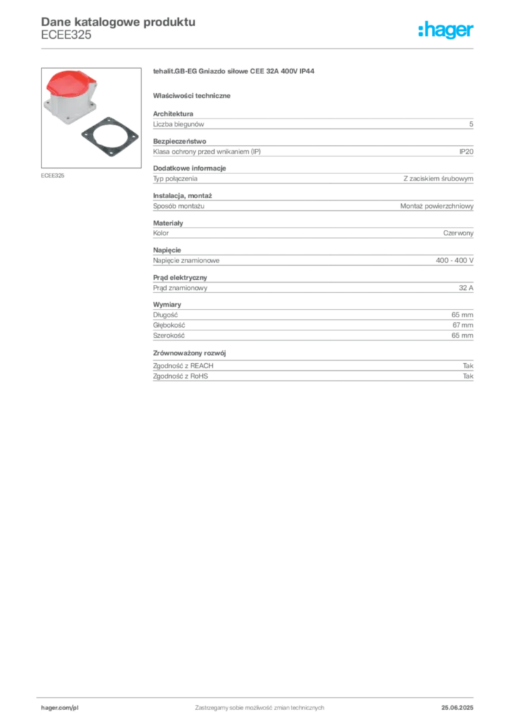Zdjęcie Hager Karta katalogowa ECEE325 | Hager Polska