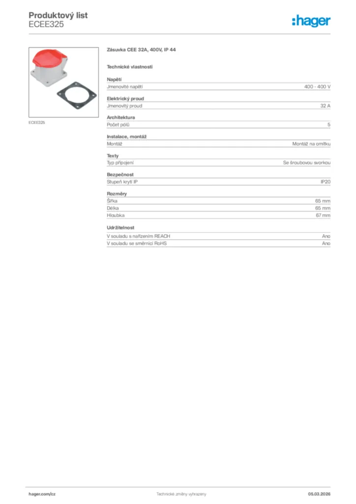 Obrázek Hager Product data sheet ECEE325 | Hager