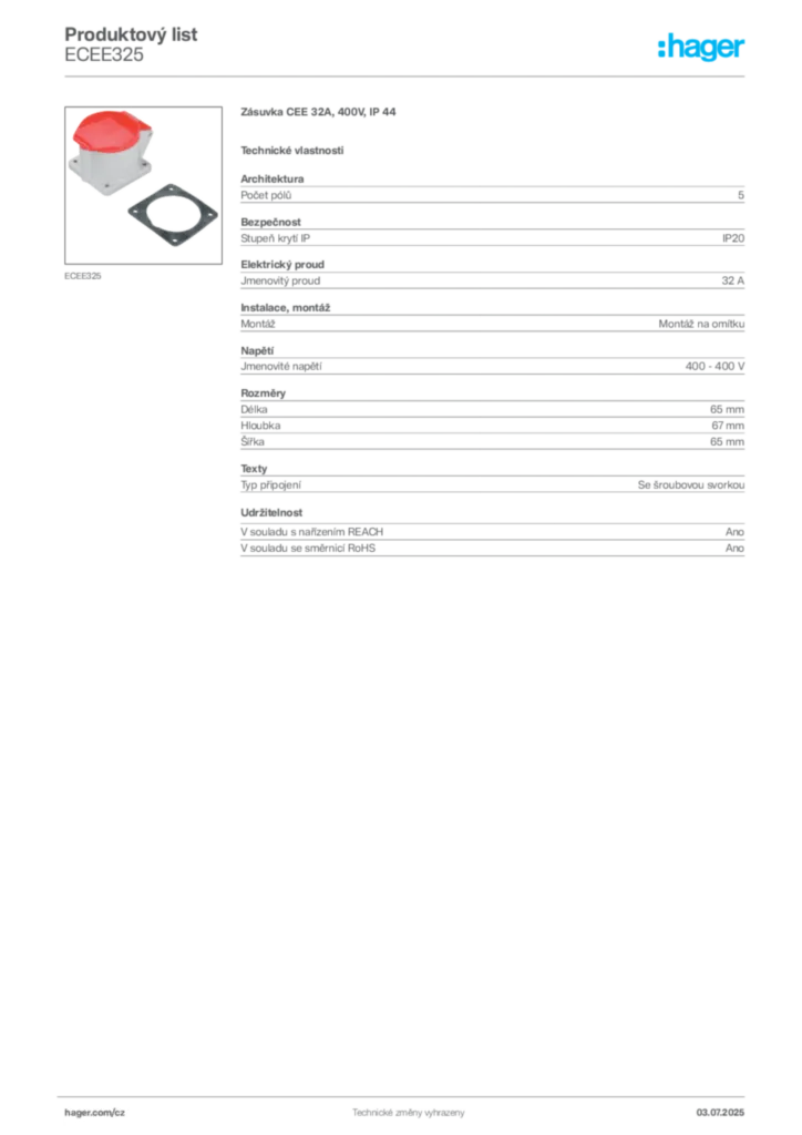 Obrázek Hager Produktový list ECEE325 | Hager