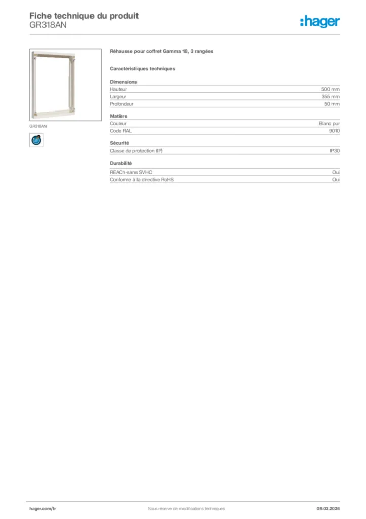 Image Hager Fiche technique du produit GR318AN | Hager France