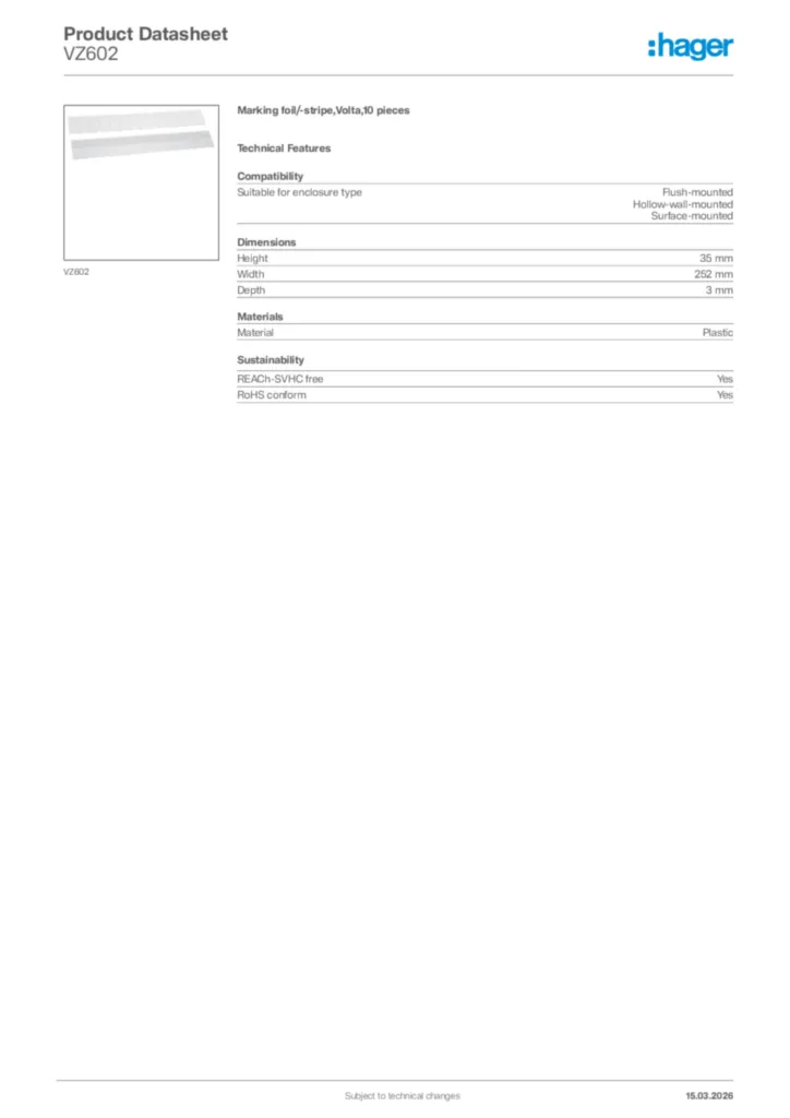 Image Hager Product data sheet VZ602  | Hager Africa