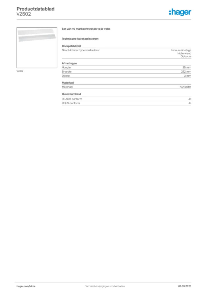 Afbeelding Hager Productdatablad VZ602 | Hager Belgium