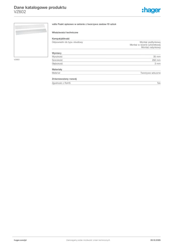 Zdjęcie Hager Karta katalogowa VZ602 | Hager Polska