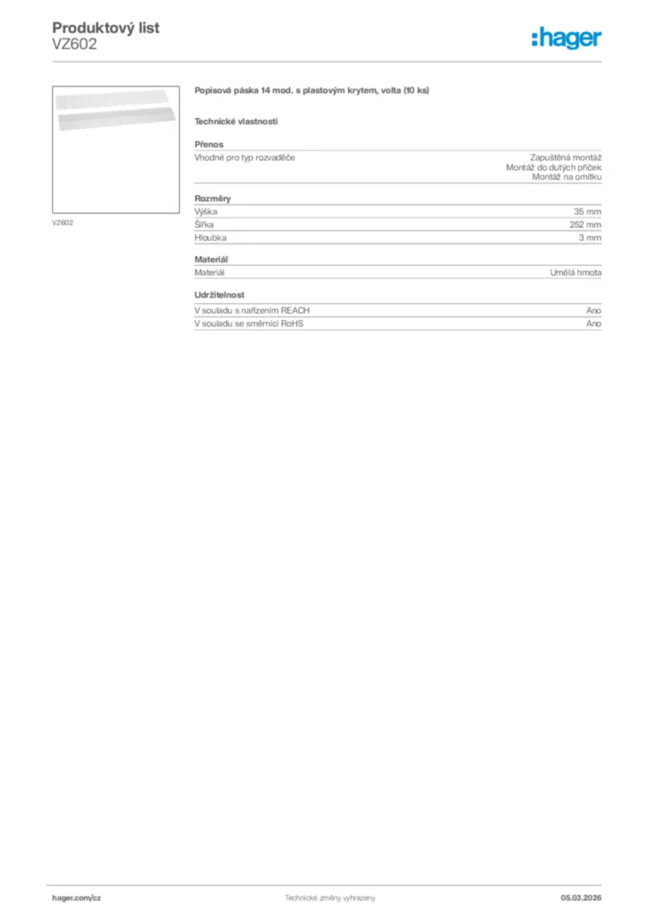 Obrázek Hager Product data sheet VZ602 | Hager
