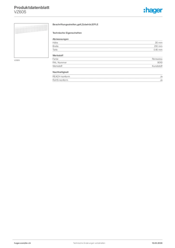 Bild Hager Produktdatenblatt VZ605 | Hager Schweiz