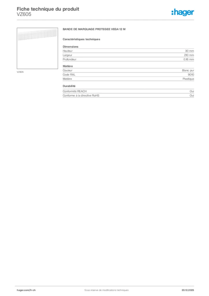 Image Hager Fiche technique du produit VZ605 | Hager Suisse