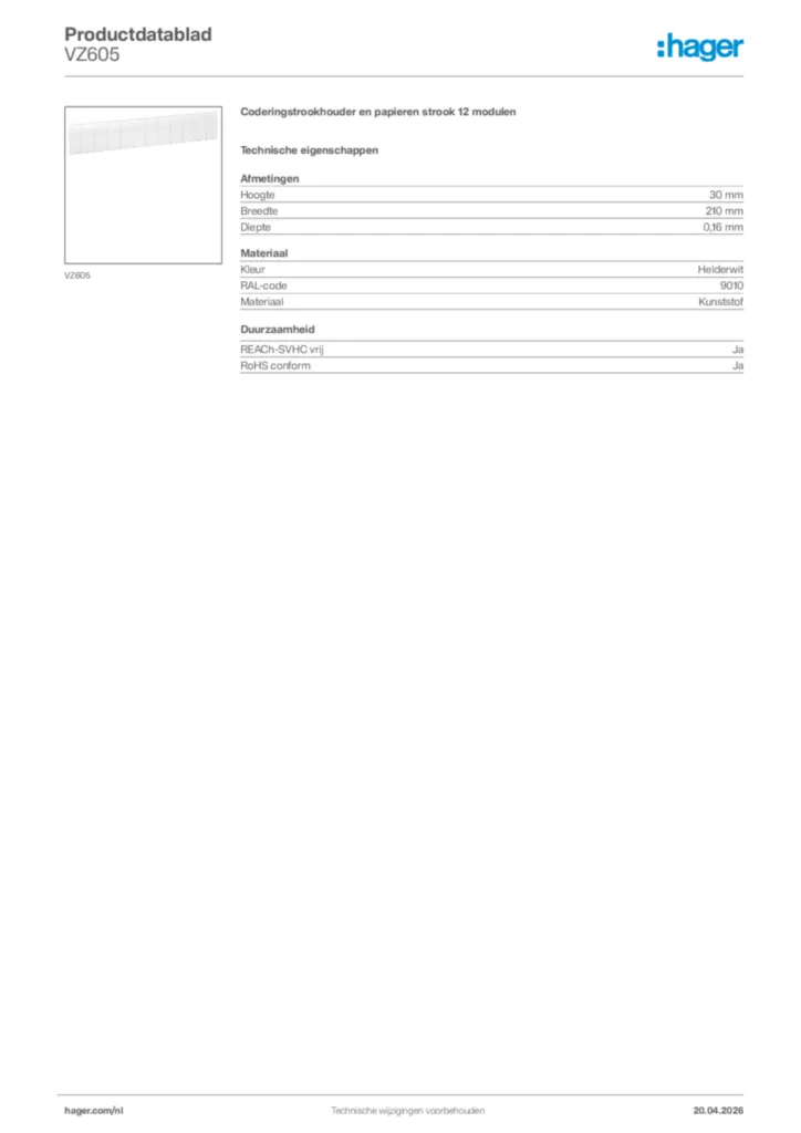 Afbeelding Hager Productdatablad VZ605 | Hager Nederland