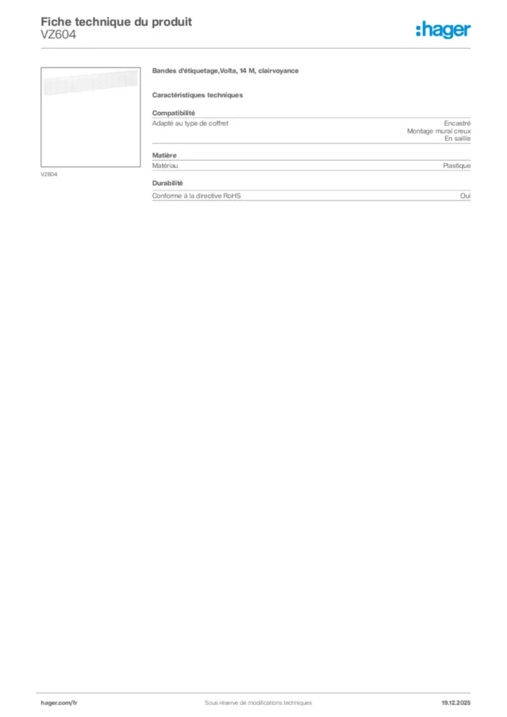 Image Hager Fiche technique du produit VZ604 | Hager France