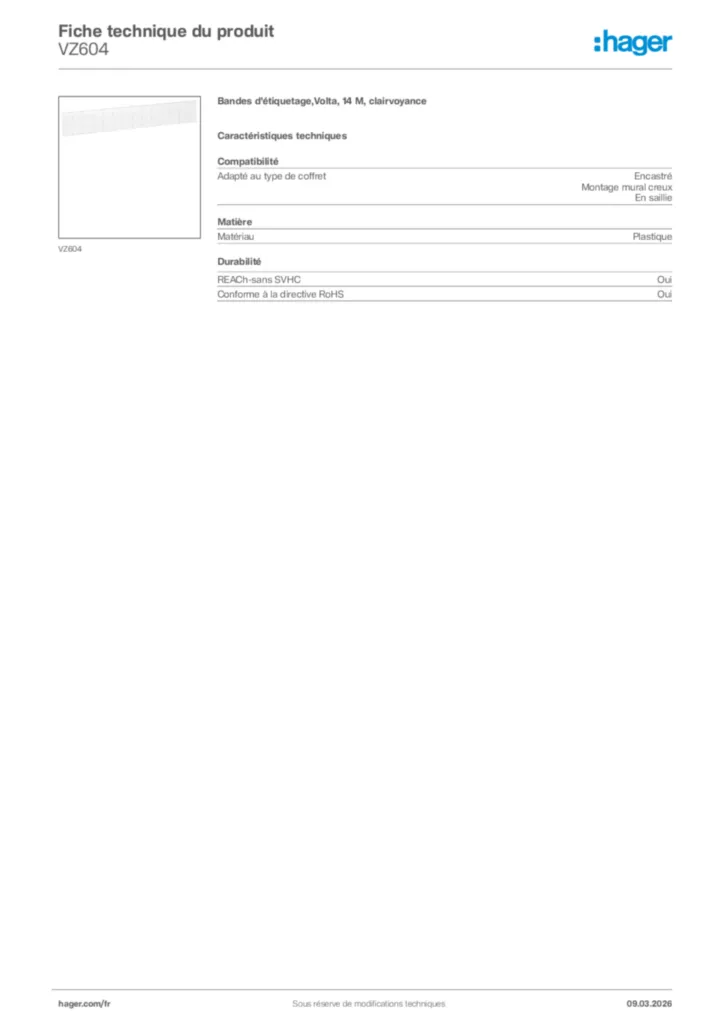 Image Hager Fiche technique du produit VZ604 | Hager France