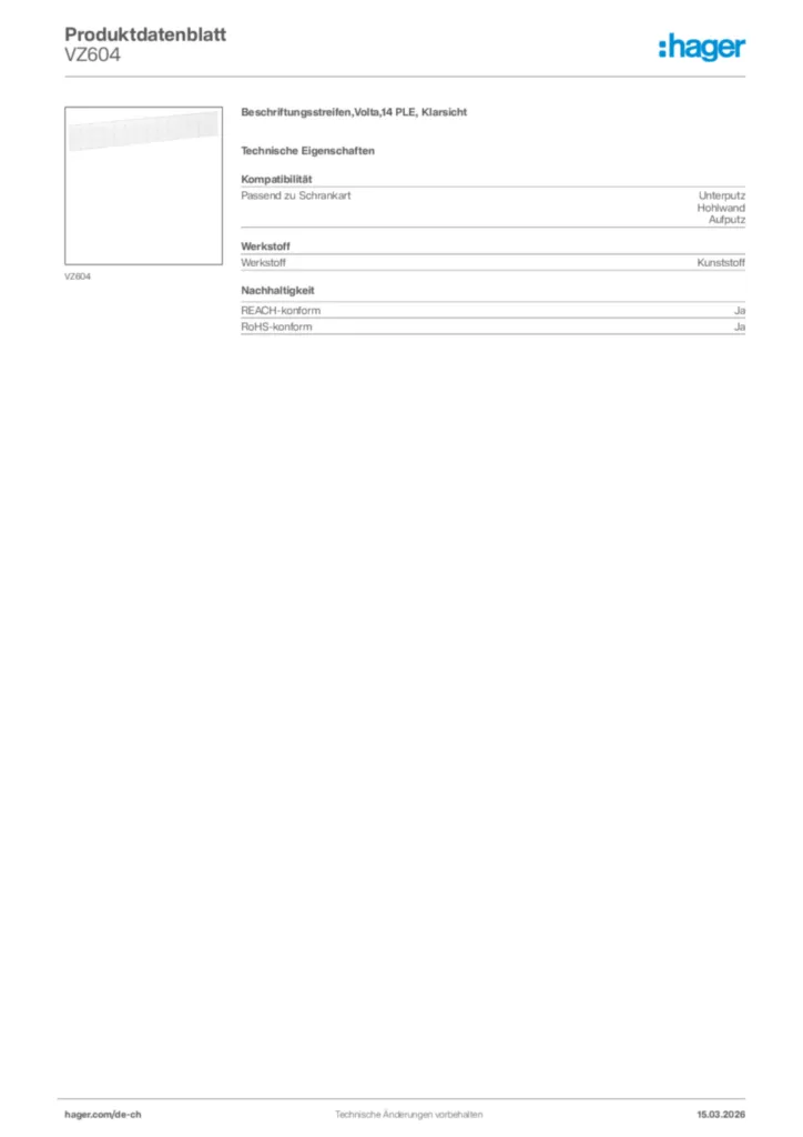 Bild Hager Produktdatenblatt VZ604 | Hager Schweiz