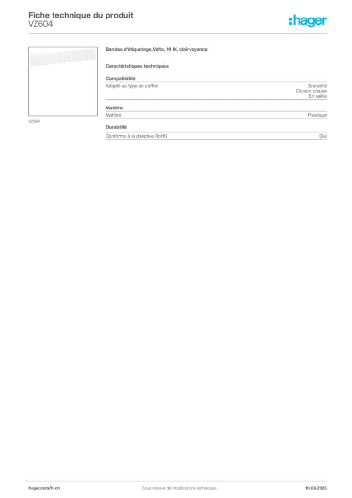 Image Hager Fiche technique du produit VZ604 | Hager Suisse