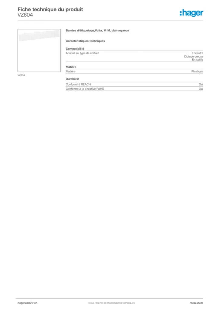 Image Hager Fiche technique du produit VZ604 | Hager Suisse