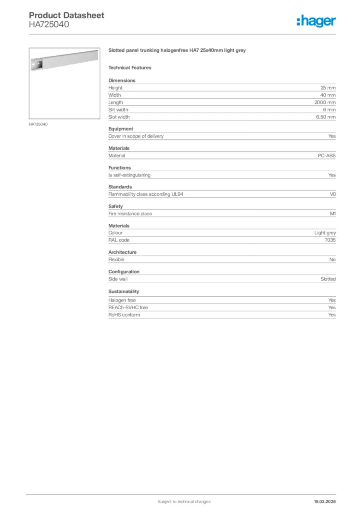 Image Hager Product data sheet HA725040  | Hager Africa