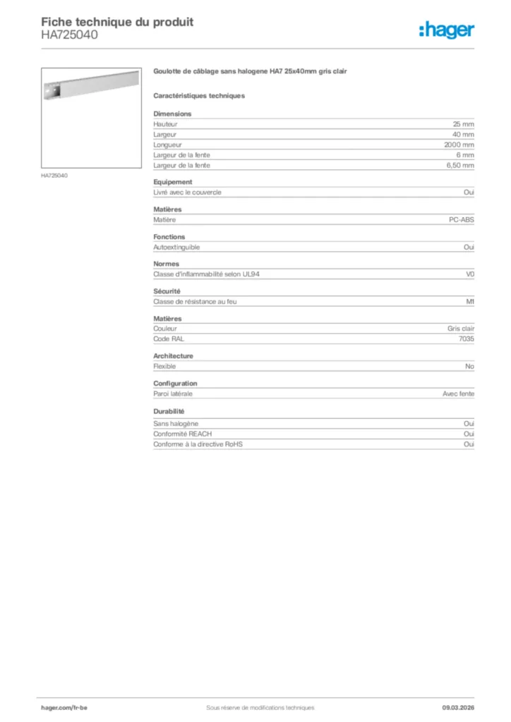 Image Hager Fiche technique du produit HA725040 | Hager Belgique