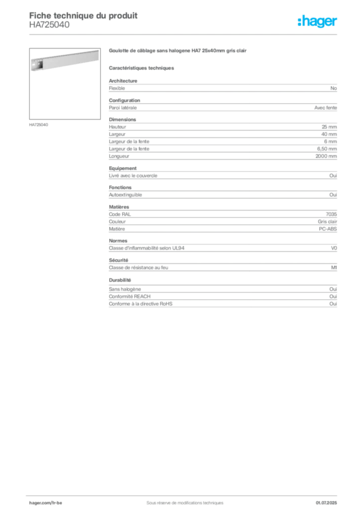 Image Hager Fiche technique du produit HA725040 | Hager Belgique