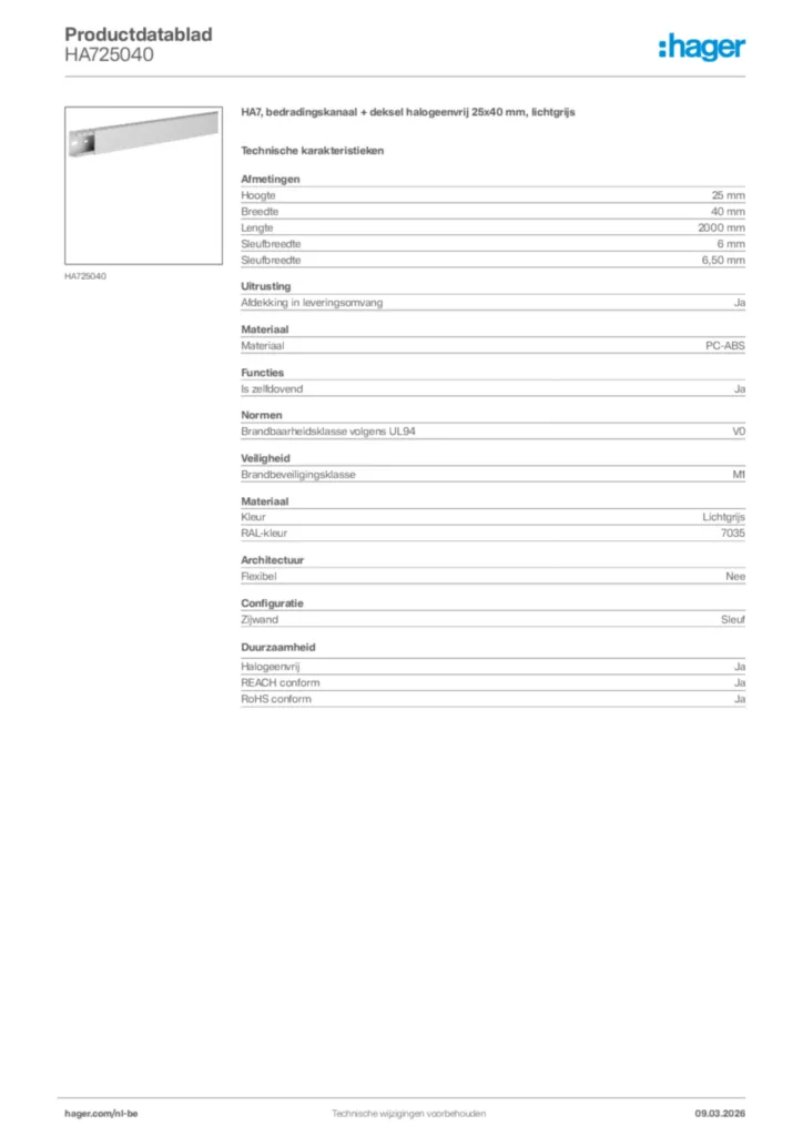Afbeelding Hager Productdatablad HA725040 | Hager Belgium