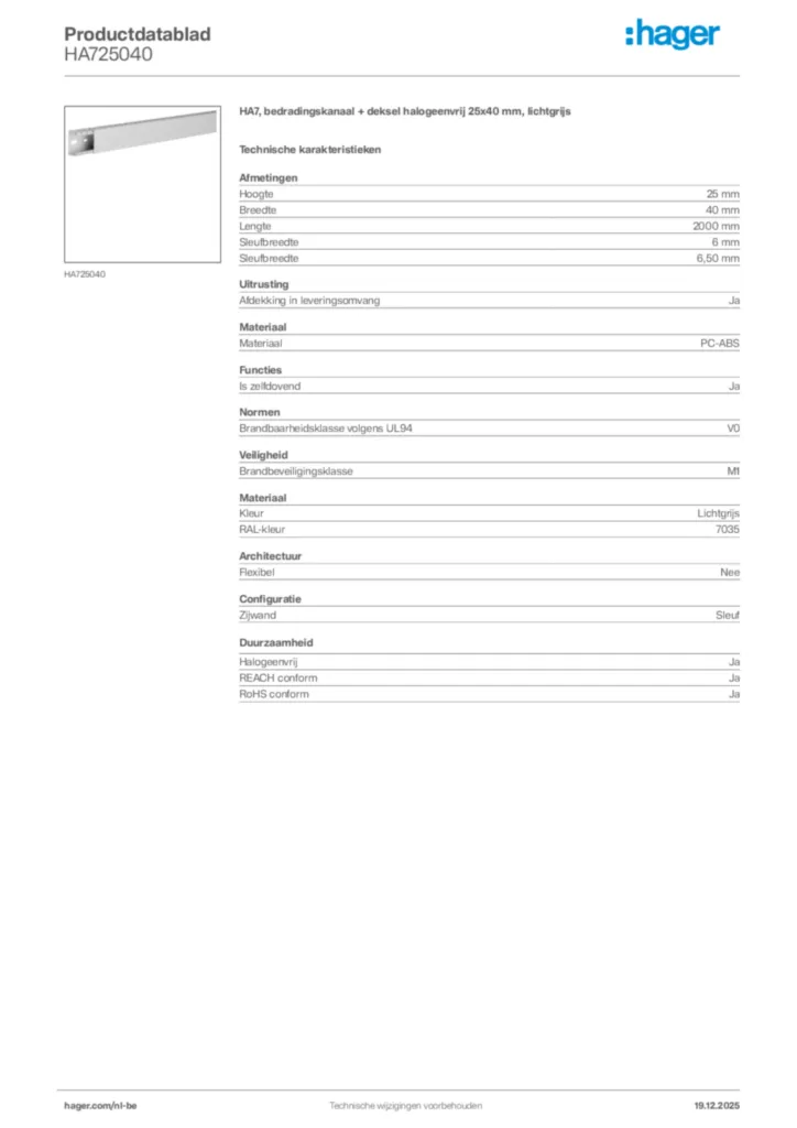 Afbeelding Hager Productdatablad HA725040 | Hager Belgium