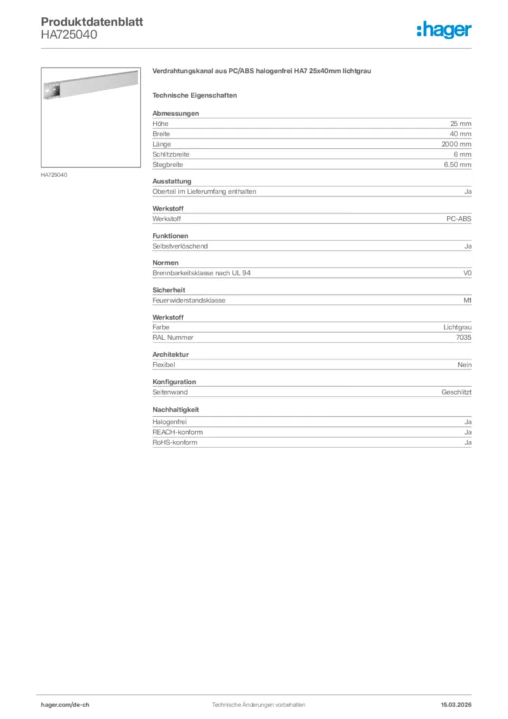 Bild Hager Produktdatenblatt HA725040 | Hager Schweiz